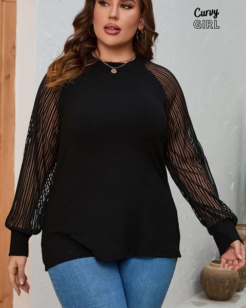 Picture of PLUS SIZE RIBBED TOP WITH STRIPED SLEEVE